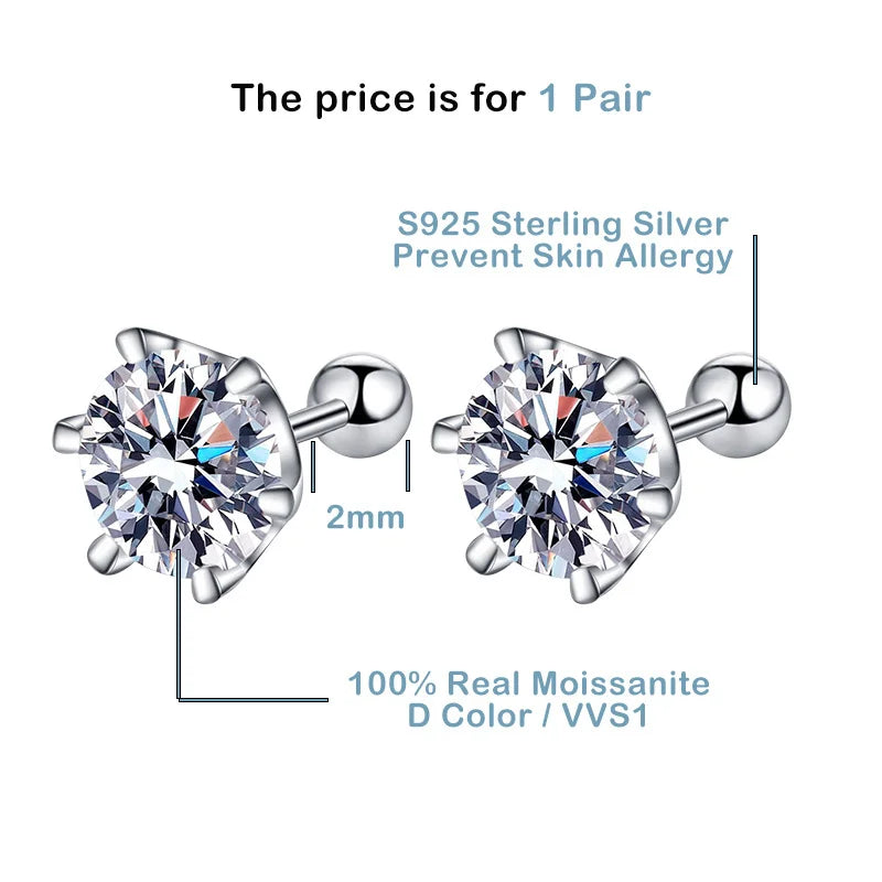 Gica Gema 0.5-2ct Moissanite Screw Stud Earrings D Color 925 Sterling Silver Diamond Earrings For Women Wedding Fine Jewelry