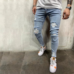 Slim Ripped Jeans Distressed Pants for Men Hip Hop Knee Hole High Street Pants