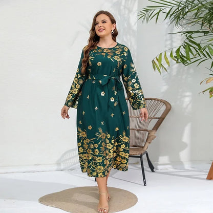 Autumn/Winter New Loose Size Dress with Gold Stamped Print Long Sleeves and Fat mm Long Skirt plus size women clothing