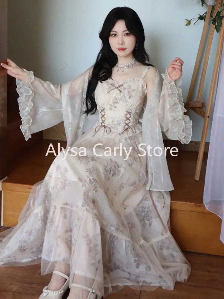 Evening Dresses: Vintage Elegant Floral Dress Women Sweet Ruffles Mesh