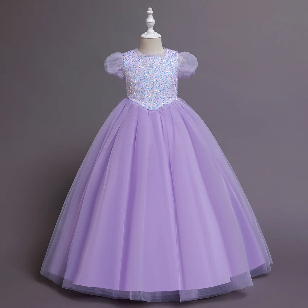 Girls Dress Color Mesh Dress Long Sequin Children's Skirt Girls Piano Host Costumes