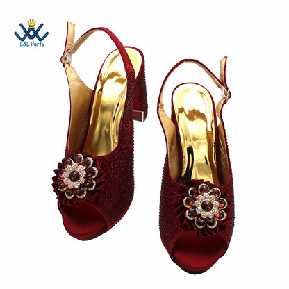 Spring Autumn High Quality Peep Toe Shoes Matching Bag Set in Wine Color For African Ladies Wedding Party