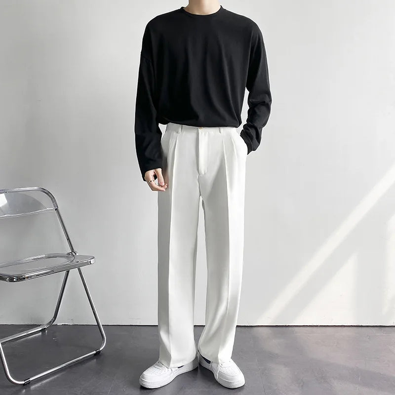 Draped Straight Men Pants Fashion Business Korean Loose Casual White Black Gray