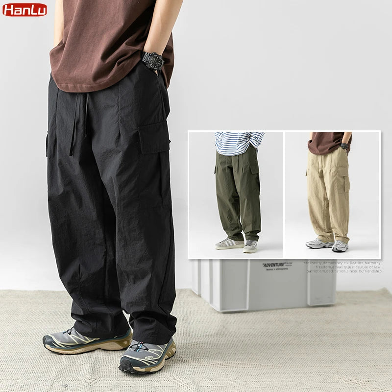 Men's Multi-Pocket Cargo Pants Men's Casual Solid Colour Straight Baggy Wide-leg Pants