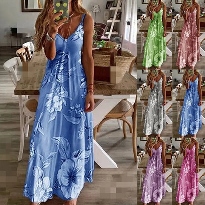 Plus Size Spring Summer Dress Women Floral Print V-Neck Long Dresses Casual Bohemian Sleeveless Women Beach Party Dress Elegant