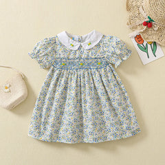 Summer Little Girl Short Sleeve Smocked Floral Dress Frock For 1 2 3 4 5 Years Girl