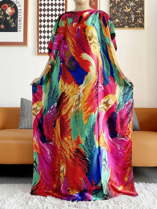 Abayas For Women Printed Silk Soft Loose Femme Robe Muslim Summer Fashion