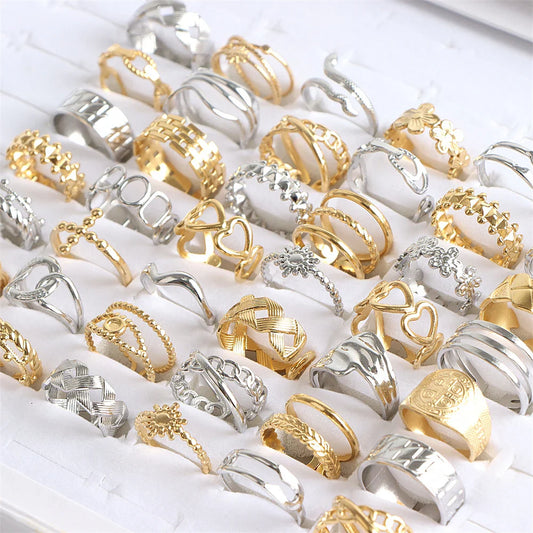 10/20Pcs/Lot Fashion Stainless Steel Adjustable Opening Ring For Women Men Mix Style Heart Snake Flower Jewelry No Fade