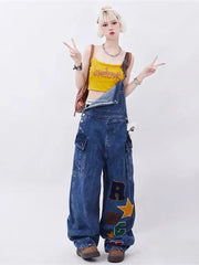 y2k letter embroidery all-match denim overalls women's summer retro loose slim fashion