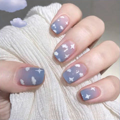 24Pcs/Box Short Square Head Wearing False Nails Art Clouds Stars Pattern Fake Nails