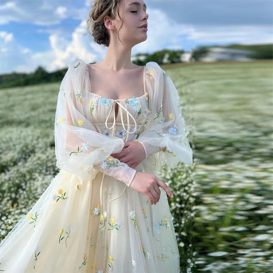 Homecoming Dresses: Embroidery Lace Appliques Butterfly Tulle Long Prom Dresses