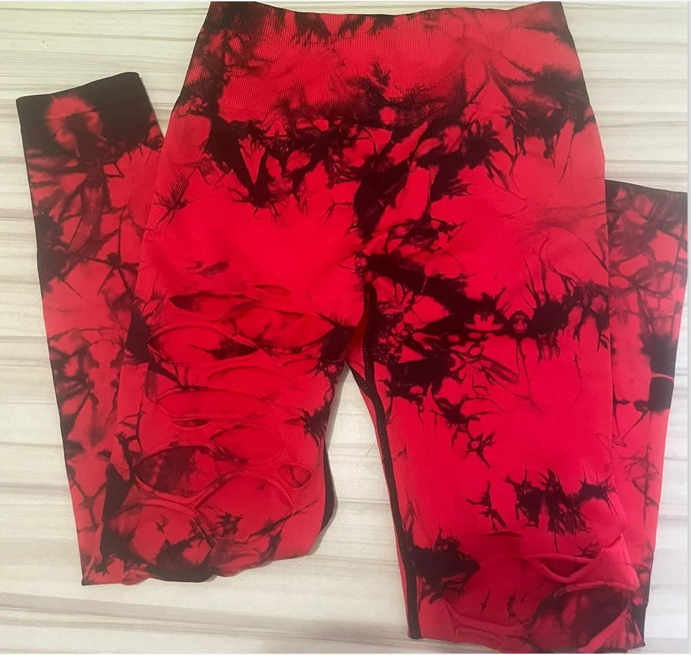 Women Tie Dye Hollow Out Leggings Sports Pants Fitness Sportswear Sexy High Waisted