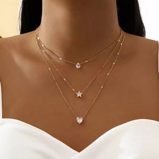 Crystal Zircon Heart Star Charm Layered Pendant Necklace Set for Women Charms