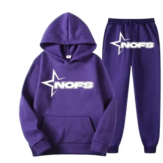 Streetwear NOFS Star Print Tracksuit Black Hoodie and Joggers Set for Men Women