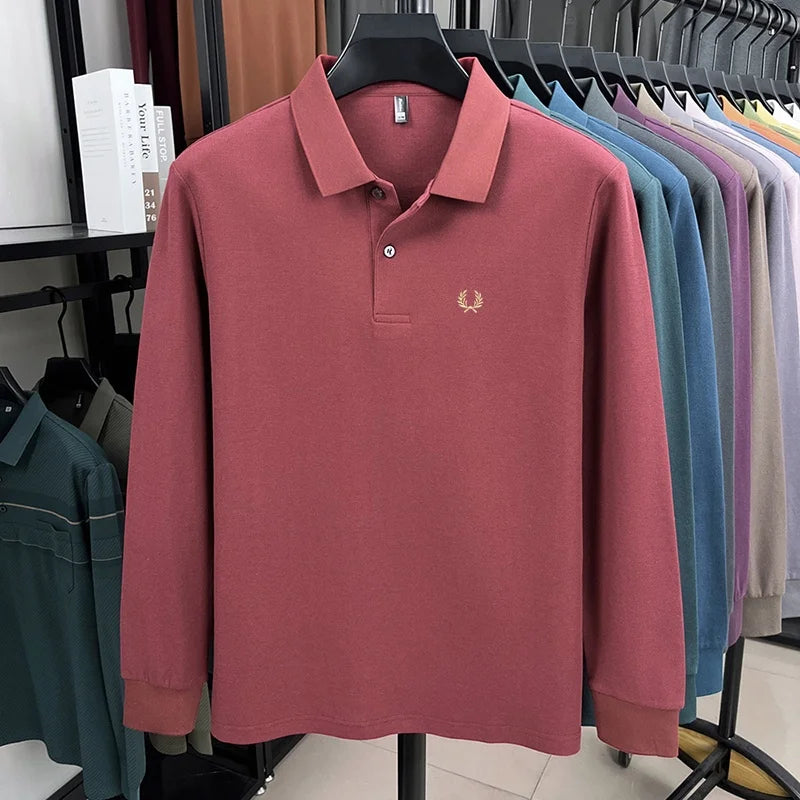 100% pure cotton high-end brand men's long sleeved polo shirt autumn fashion hot selling wheat embroidery golf business T-shirt