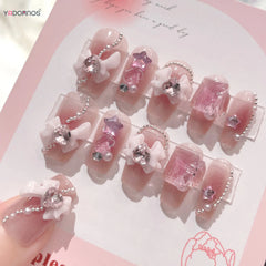 24pcs Press on False Nails Blush Pink Bowknot Diamond Pearl 3D Design Nail Tips with Harmless Smooth for Woman DIY Fake Nails