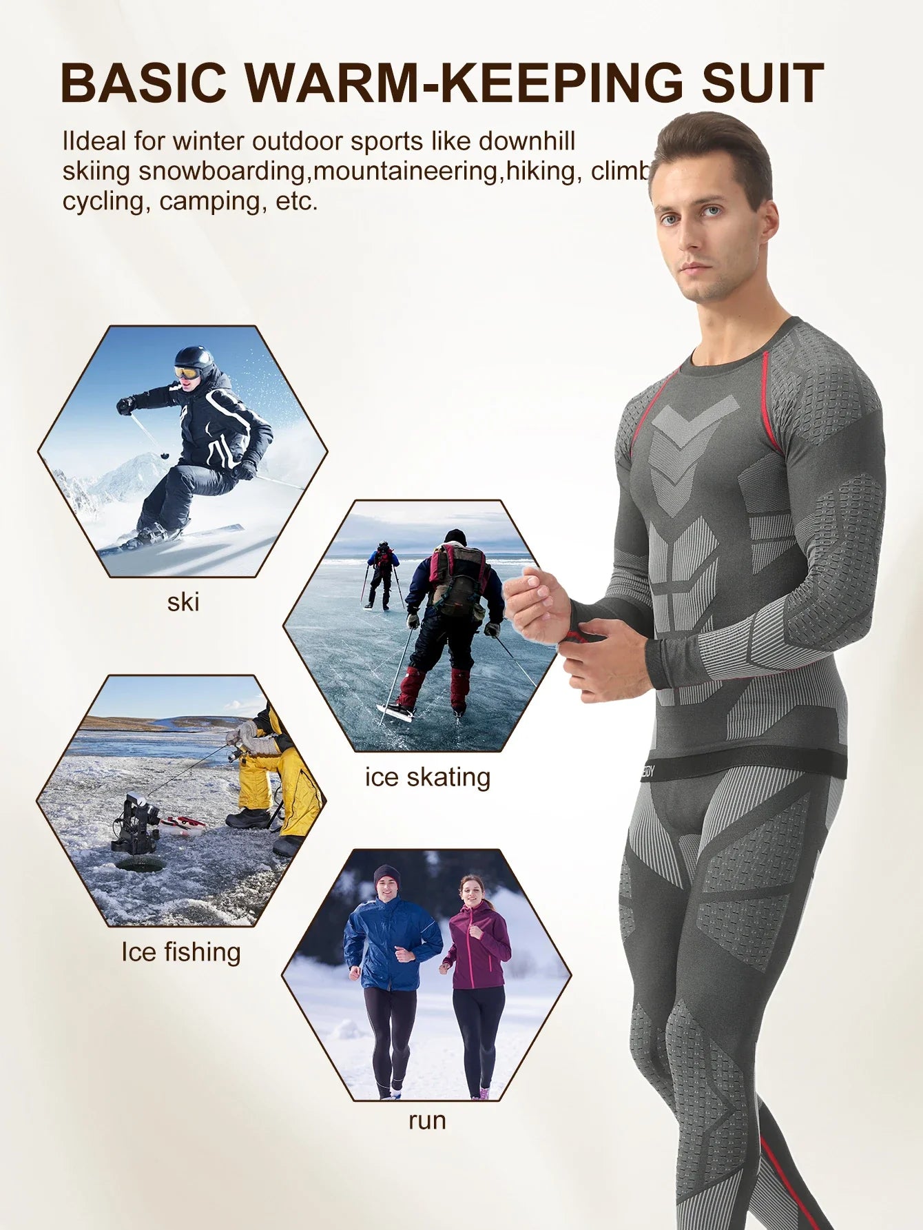 Esdy 1 Set of Men's Sports Compression Thermal Suit Winter Thermal Compression Long-Sleeve Long Pants Breathable High-Elastic Cold-Proof Sports Suit Winter Outdoor Sports Climbing Fishing