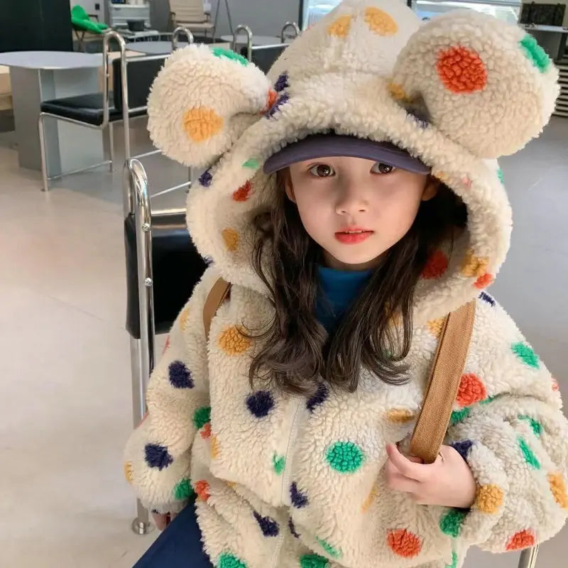 Girls Coat Rainbow Polka Dot Hooded Fleece Thickened Zipper Jacket Autumn Winter Coat