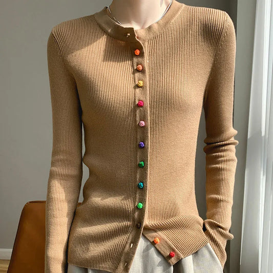 Women's 100% Merino Wool Sweater Round Collar Colorful Buckles Slim Fit Cardigan