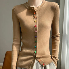 Women's 100% Merino Wool Sweater Round Collar Colorful Buckles Slim Fit Cardigan