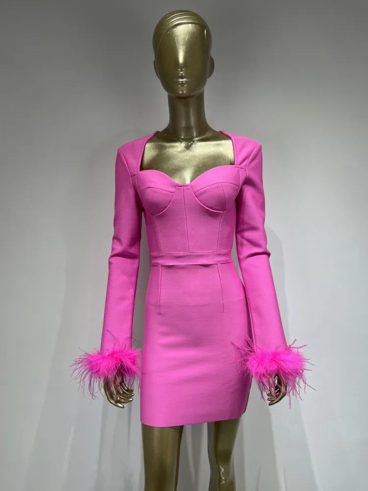 Formal attire Dresses: Women Winter Long Sleeve Feathers Pink Black Mini