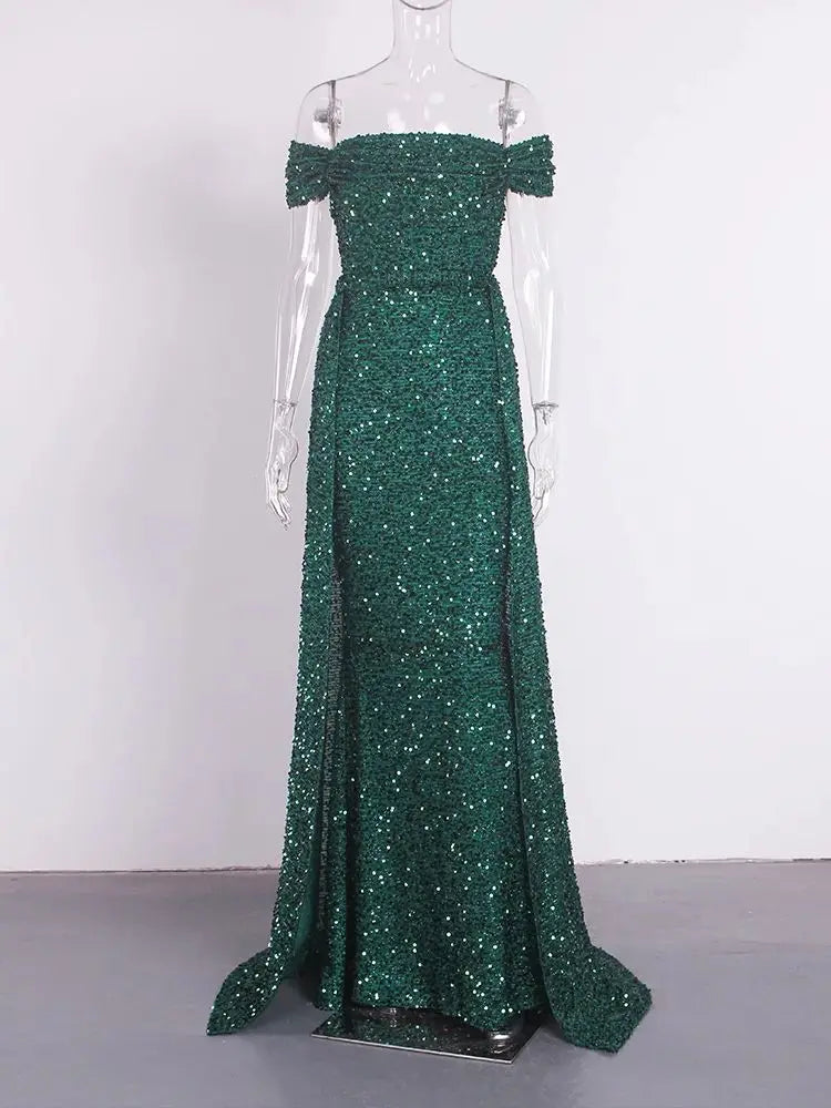 Evening wear Dresses: Off Shoulder Dazzling Sequin Fitted Bodice Evening Night Dress