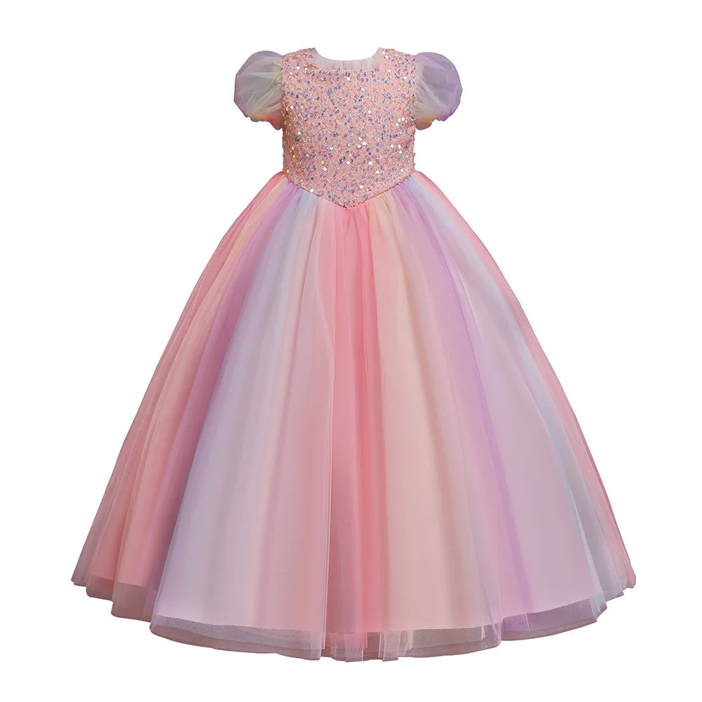 Girls Dress Color Mesh Dress Long Sequin Children's Skirt Girls Piano Host Costumes