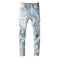 Men Crystal Holes Ripped Patchwork Jeans Streetwear Light Blue Denim Slim