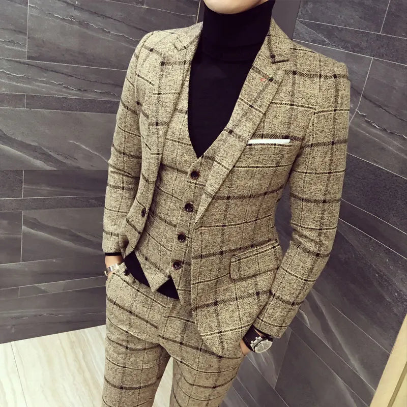 Tuxedo for Mens: Men's Slim Fit Plaid Three-Piece Suit Set - Cotton Blazer, Vest, and Pants