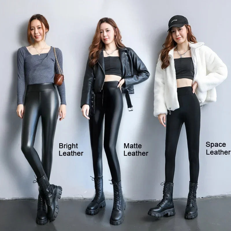 Women's Pants Velvet PU Leather Leggings Winter Ladies High Waist Fleece