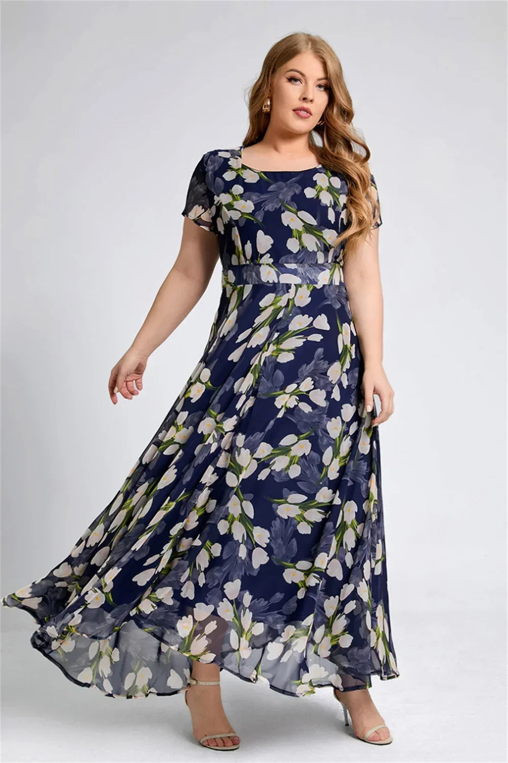 Plus Size Women Floral Printing Dress Short Sleeve Round Neck Chiffon A-line Female Elegant Casual Soft Fashion Summer Dresses