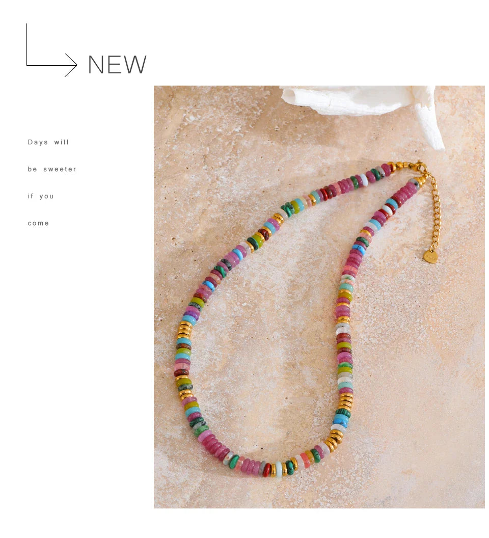 Yhpup Colorful Natural Stone Beads Handmade Chain Y2K Fashion Necklace for Women Stainless Steel Waterproof Collar Jewelry Gift