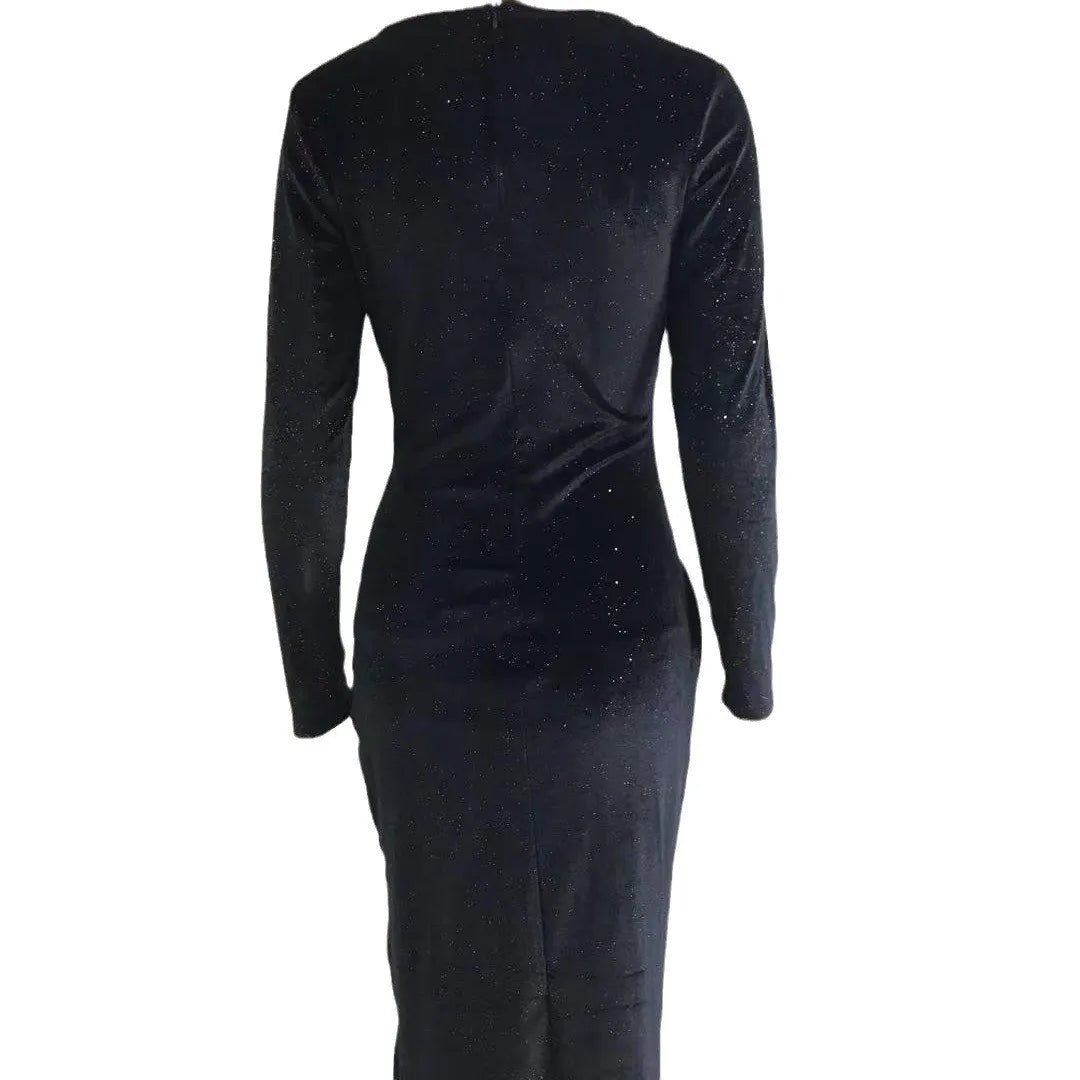 Evening wear Dresses: Long-sleeved mid-length skirt gold velvet nightclub dress