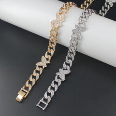 Hip Hop Cuban Chain Necklace Silver Gold Plated Rhinestone Butterfly Necklaces