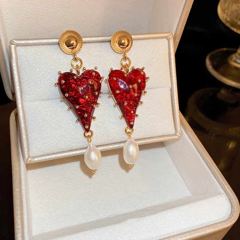Minar Charming Red Color Resin Love Heart Dangle Earrings for Women Baroque Freshwater Pearl Long Earring Wedding Party Jewelry