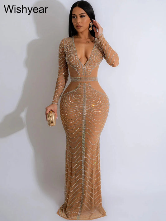 Evening Dresses: Luxury Formal Occasion Diamonds Rhinestones Deep V-neck
