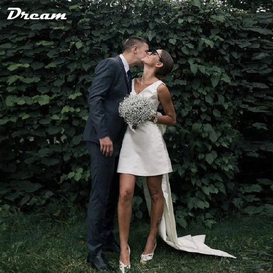 White Bridesmaid Dresses: Mini Satin V Neck Bridal Gown Large Bow Open Back