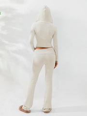 Women Cozy Ribbed Knit Long Sleeve Zip Up Hoodie with High Waist Wide Leg Pant