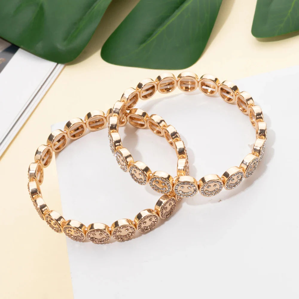 2024 New Happy Bangle Paved Diamond Enamel Beaded Bracelets For Women Boho Gold Color Elastic Bracelets