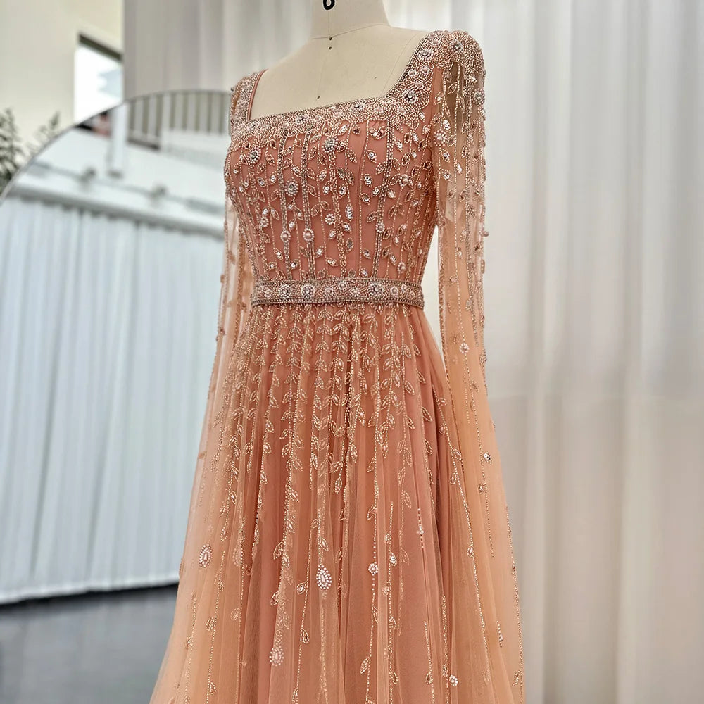 Sharon Said Luxury Pink Dubai Evening Dresses for Women Wedding Square Neck Cap Sleeves Arabic Muslim Formal Party Gowns SS494