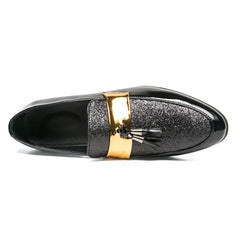 Men Party Flats Black Golden Formal Patchwork Tassel Leather Casuals Shoe