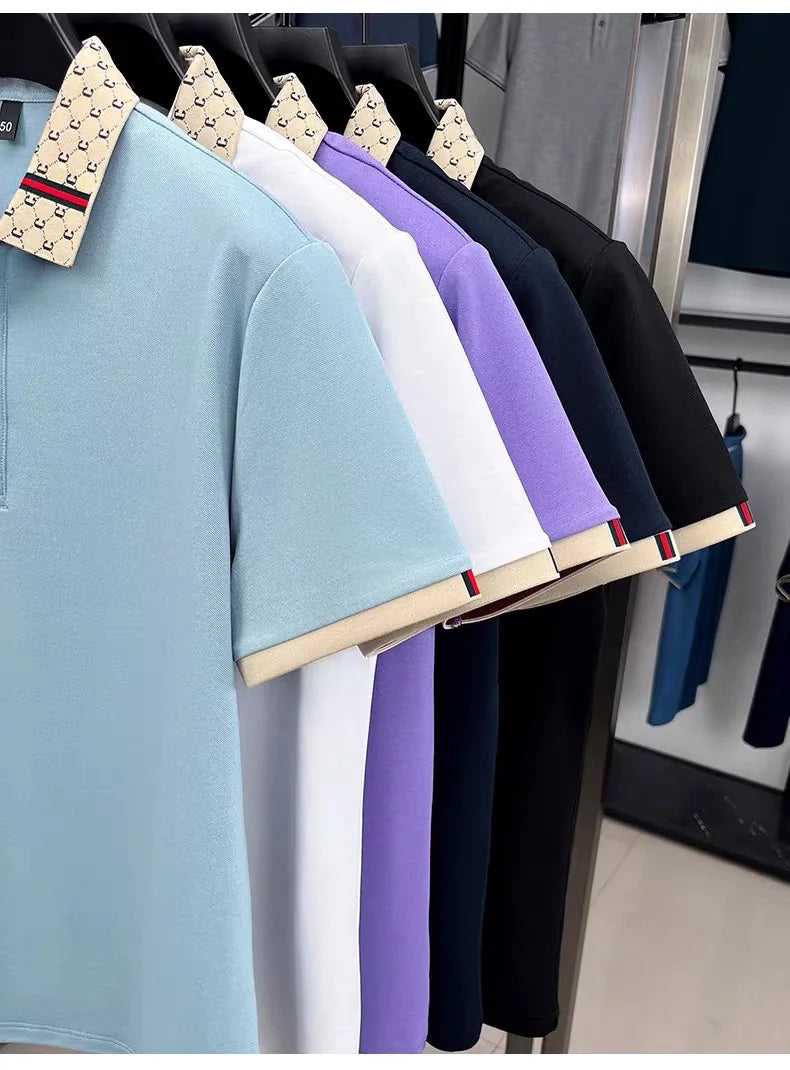 Luxury brand B letter embossed short sleeve polo shirt men summer lightweight breathable new fashion color blocked lapel T-shirt