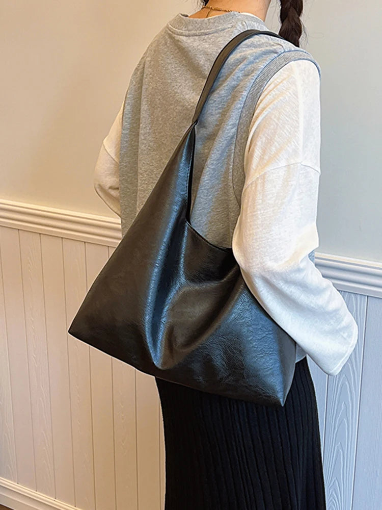PU Soft Leather Tote Bag Large Capacity Women Vegan Leather Slouch Bag