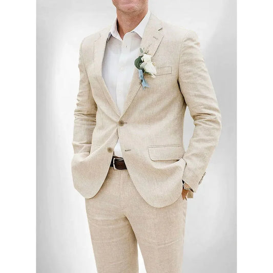 Elegant Wedding Suits for Men 2 Piece Beige Notch Lapel Linen Blazer Set