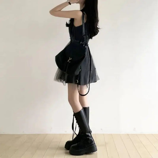 REALEFT Summer Y2k Black Mesh Women's Ball Gown Dresses 2025 New Sleeveless Strapless V-neck Party Sexy Mini Dress for Womens