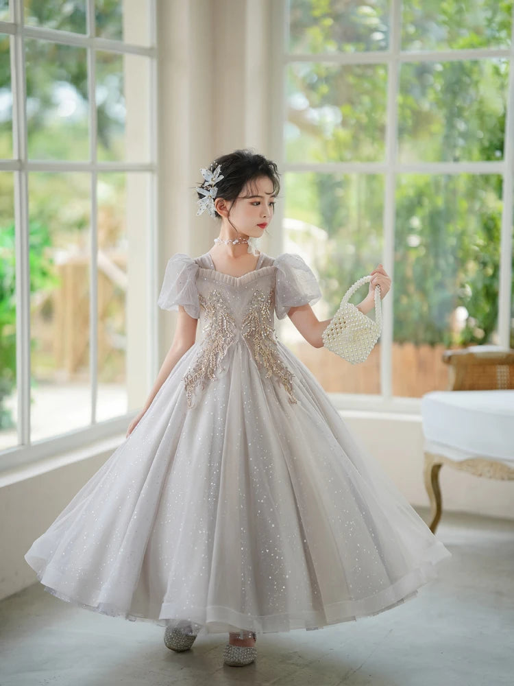 3-15T Teen Girl Fluffy Mesh Dresses for Elegant Party Princess Prom Gown Children Pageant Tailling Long Dress Performance Outfit