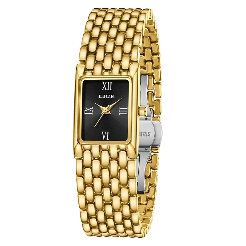 LIGE 2025 New Gold Women's Watch Luxury Quartz Watch Stainless Steel Bracelet Retro Fashion 30M Waterproof Watch for Women reloj