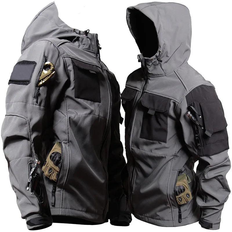 Outdoor Tactical Set Men Military Multi-pocket Hooded Work Jacket+Windproof  Waterproof Fleece Cargo Pants Winter Sharkskin Suit