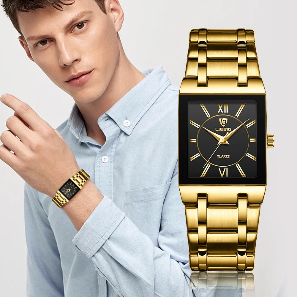 LIEBIG Luxury Quartz Wristwatches For Women Men Business Watch Simple Design Black Gold Stainless Steel Waterproof Quartz Clock
