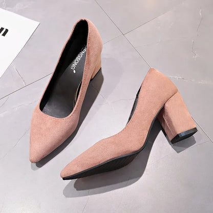 New Women Pumps Flock Sweet Thick High Heels Female Sexy Office Pointed Toe Dress Work Pump Cute Shoes Ladies Footwear